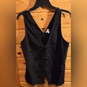 Black Cotton/ Linen Sleeveless  Tie Front Women's Top Medium